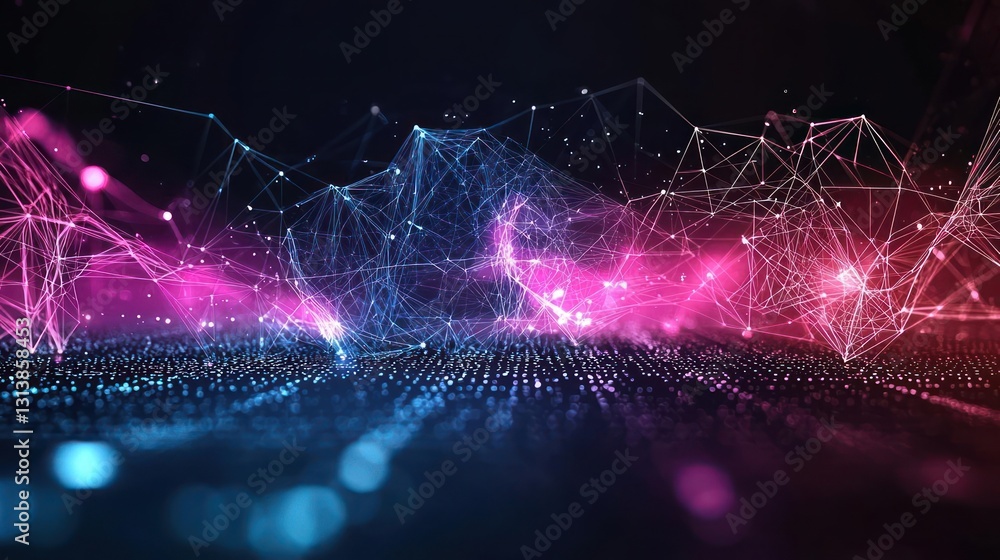 Poster abstract digital network visualization with blue and pink glowing lines and dots