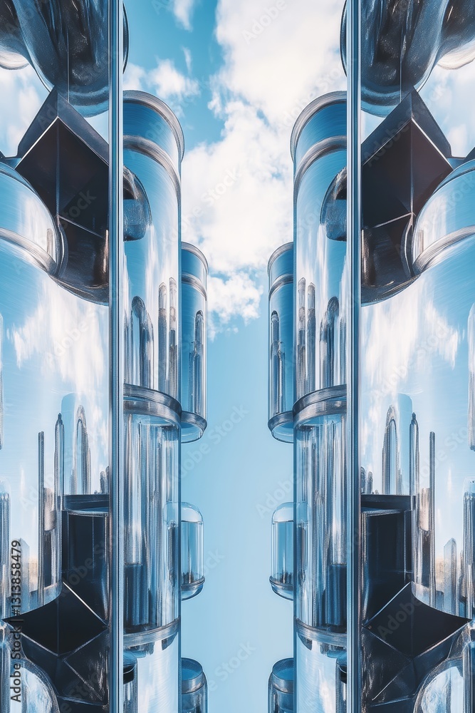 Poster captivating view of metallic structures reflecting a bright blue sky with clouds, creating an illusi