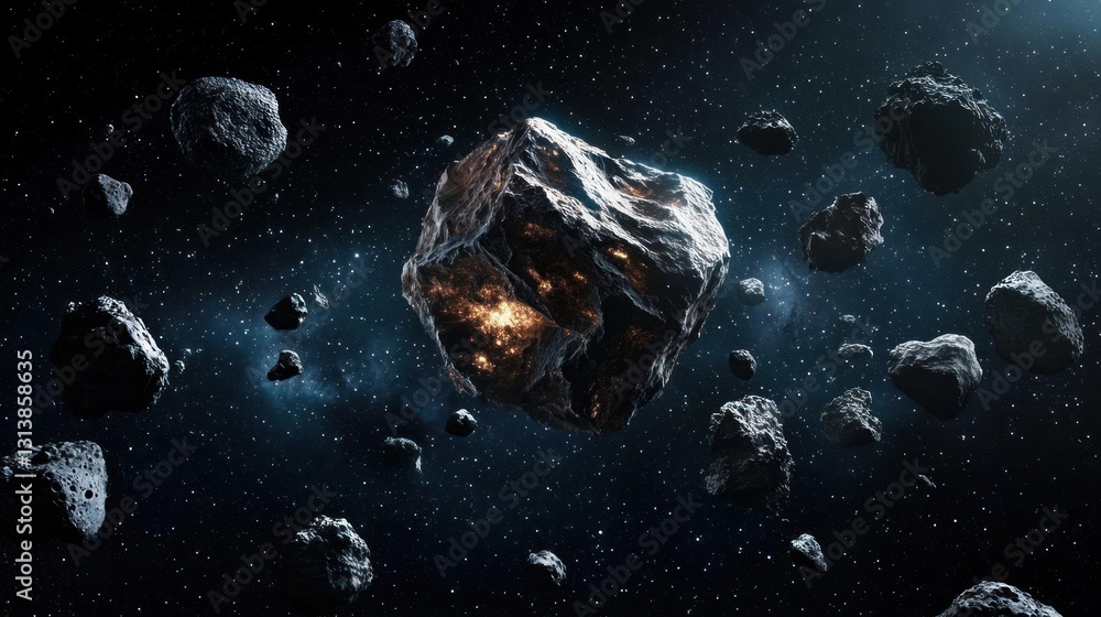 Aufkleber floating asteroids in space with illuminated surface against a starry galaxy backdrop