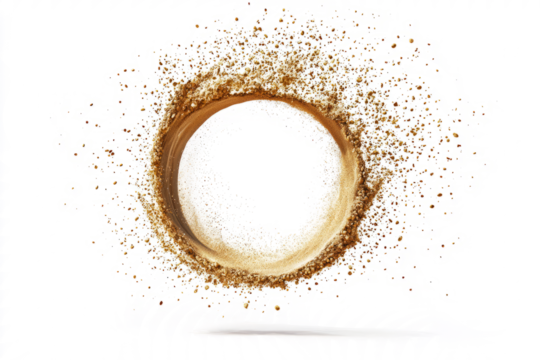A stunning circular pattern made by sand splashing, on white background .