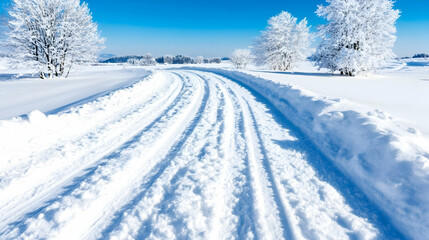 Fototapeta premium Snow-covered road winding through a pristine winter landscape, with snow-laden trees under a vibrant blue sky