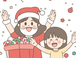 A kid-friendly Christmas coloring page with Santa Claus holding a bag full of gifts, candies, and stars. It's a black and white illustration that prints well on standard 8.5x11 inch paper