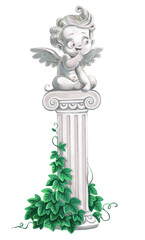 Cute cartoon cupid marble statue on a column covered with ivy