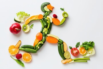 A running figure made from fruits and vegetables shows the natural path to a healthy lifestyle