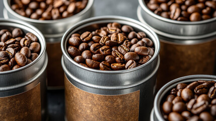 Fototapeta premium Coffee beans in labeled tin canisters create cozy work atmosphere