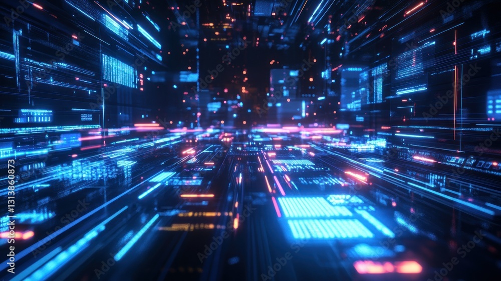 Poster a futuristic digital network corridor illuminated with vibrant lights and data
