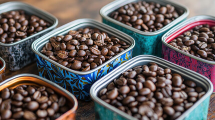 Fototapeta premium Coffee beans in colorful vintage tins on wooden table