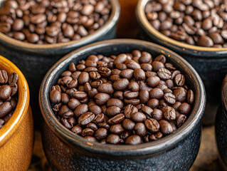 Fototapeta premium Dark roast coffee beans in ceramic containers create rich aroma