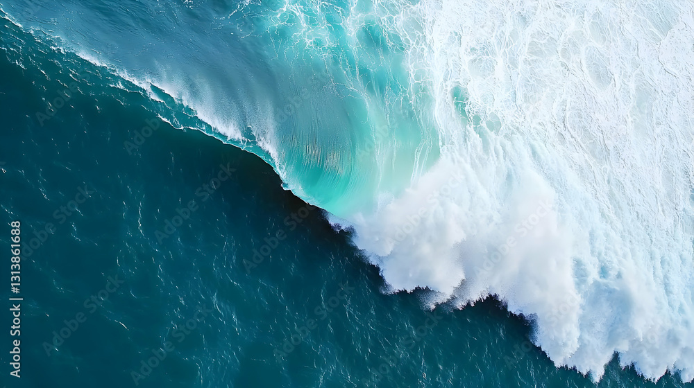 Poster aerial view of turquoise ocean wave crashing with white foam in a deep blue sea creating a powerful 