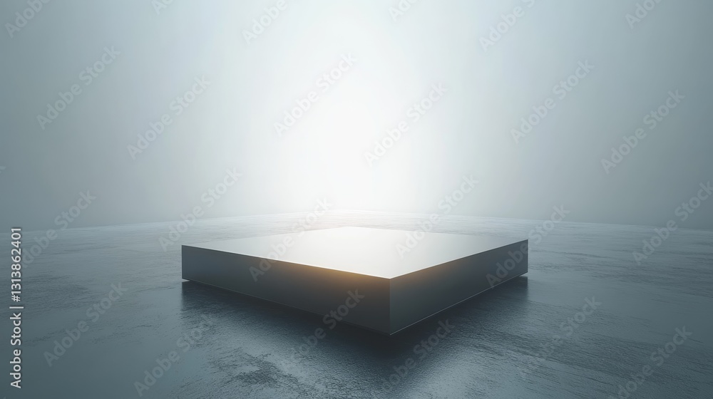 Poster a minimalistic platform sits in a foggy environment illuminated by soft light, creating a serene and