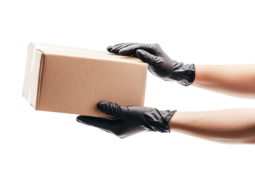 Gloved hands passing a box , white background