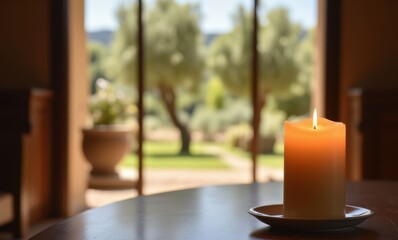 Serene candle with outdoor view