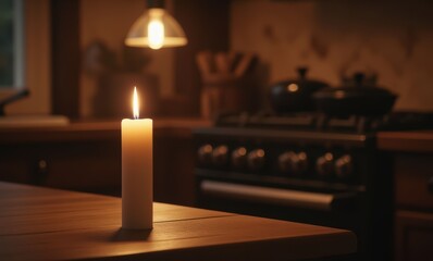 Candle lit in cozy kitchen setting