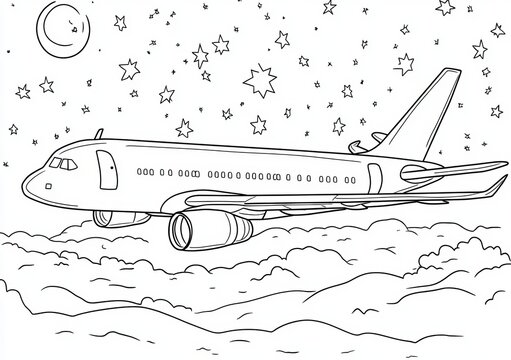 Here&rsquo;s an easy coloring page for kids with an airplane flying in the sky among clouds and stars. Perfect for printing on A4 size paper