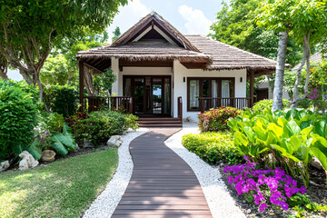 Naklejka premium Tropical bungalow with thatched roof, lush landscaping, and winding boardwalk path