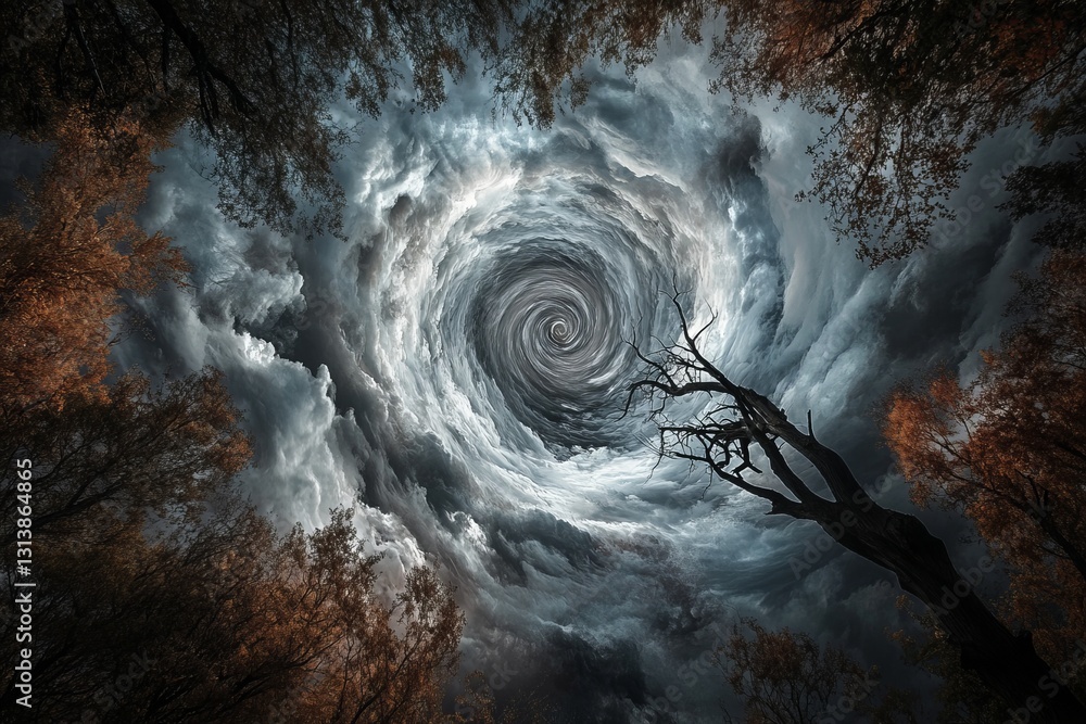 Poster a mesmerizing view of swirling clouds creating a vortex above a dark forest. twisted branches enhanc