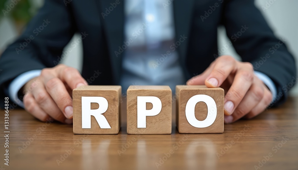 Aufkleber unrecognizable man in suit aligns wooden cubes with rpo letters. recovery point objective abbreviati