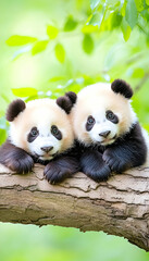 Fototapeta premium Two adorable panda cubs cuddle on a tree branch in a lush green forest (1)