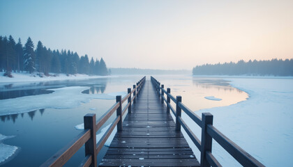 Naklejka premium Wooden pier extending into frozen river at winter sunrise, serenity