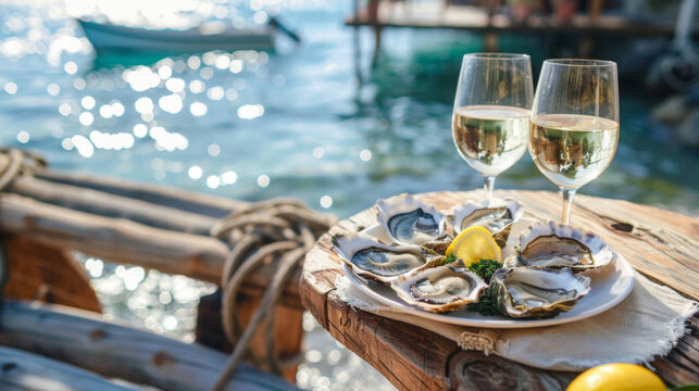 Table with two glasses of wine and a plate of oysters