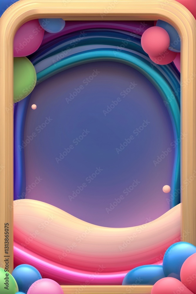 Poster colorful frame showcases a gradient portal with spheres and soft waves in an abstract background