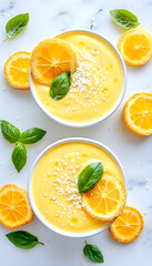 Two bowls of creamy yellow smoothie topped with citrus slices, coconut flakes, and basil