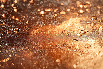 Obraz premium Abstract golden texture background with water droplets sparkling shiny brown light bokeh macro drops