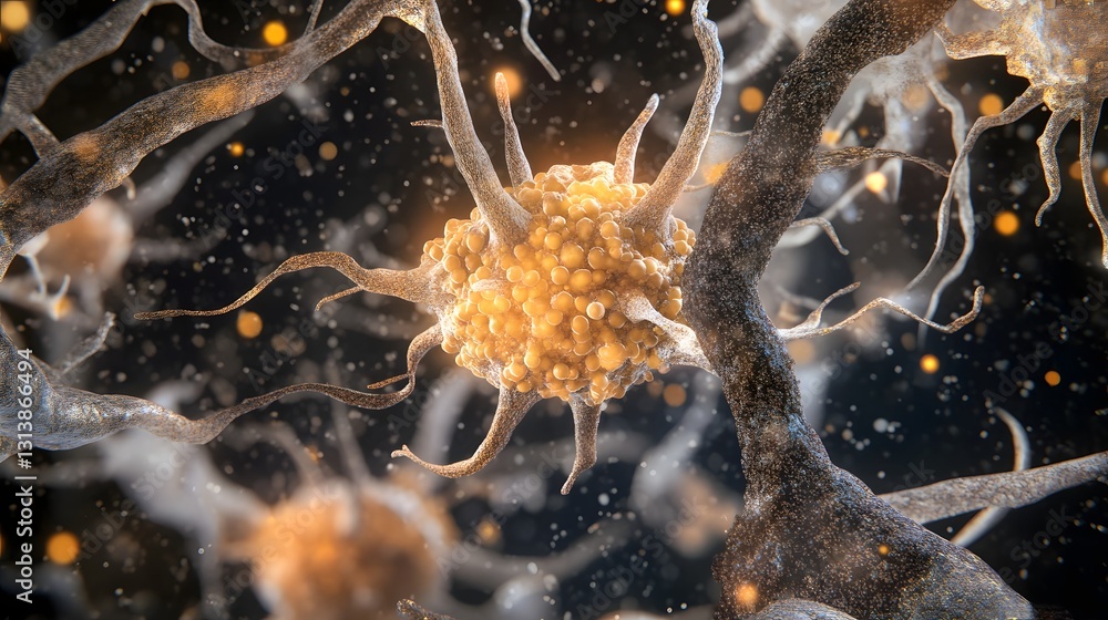 Poster Microscopic view of an intricate network of interconnected neurons and nerve cells creating a captivating digital landscape that evokes a sense of scientific discovery and technological innovation