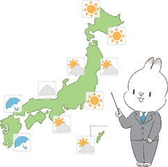天気予報をする気象予報士のうさぎのキャラクターの手書きイラスト
