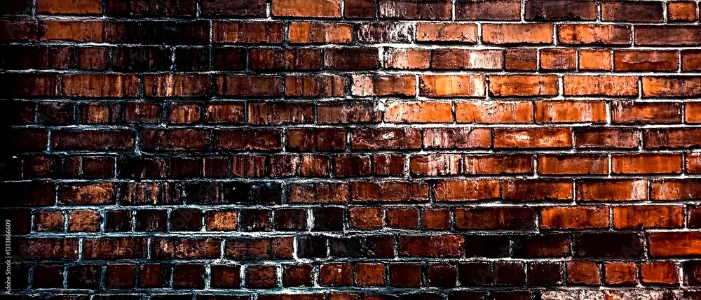 Poster a close-up of an aged red brick wall with deep textures and shadows creating a rustic and urban arch
