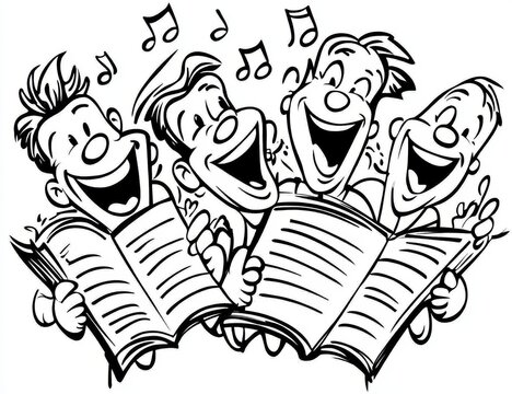 A set of black and white funny stick figure cartoon choir singers, designed to print on standard 8.5 x 11 inch paper