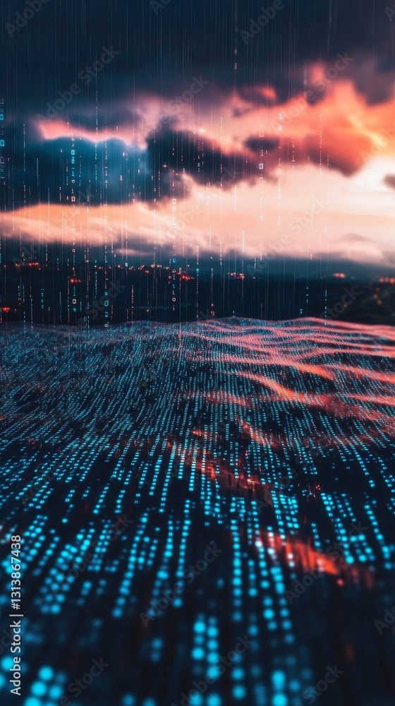 Poster an intriguing digital visualization capturing data flow over a scenic sunset horizon. explore the ha