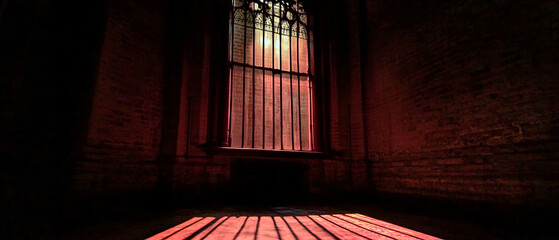 A dimly lit prison window with iron bars casting dramatic red light onto the floor creating a dark eerie and mysterious atmosphere
