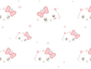 Adorable seamless pattern with cute kawaii cat faces decorated with pink bows and delicate flowers, pastel background, minimalist linear style, kawaii aesthetics.