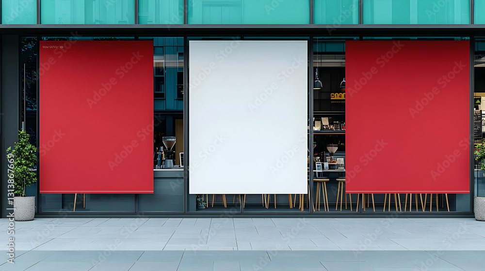 Aufkleber three vertical red and white blank banners mockups background hanging in front of modern store cafe 