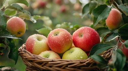 Obraz premium Freshly Picked Apples in Wicker Basket: A Harvest of Red and Green Delights, Perfect for Healthy Eating and Autumn Recipes.