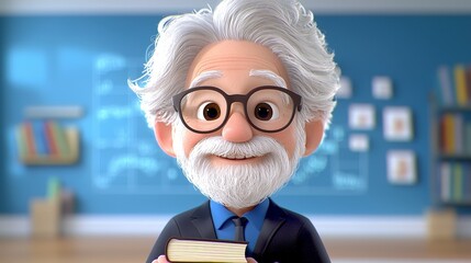 Smiling Cartoon Professor Holding Book in Classroom