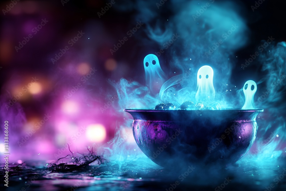Aufkleber enchanting scene of glowing ghosts emerging from a bubbling cauldron surrounded by mist and colorful