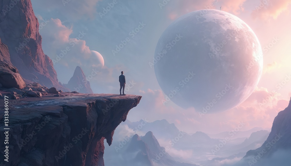 Poster man stands on cliff edge looking at huge planet in surreal landscape. digital art depicts sci-fi adv
