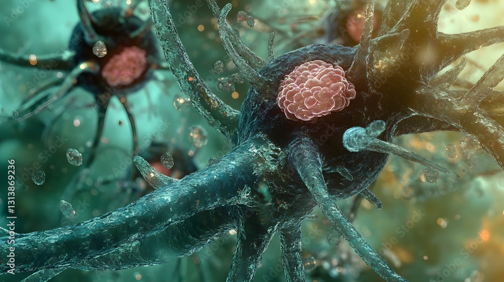 Aufkleber Microscopic View of Neural Cell Structure and Interconnected Network in the Brain  Intricate and Complex Cellular Anatomy of Neurons Axons and Synapses  Scientific Research and Medical Concept