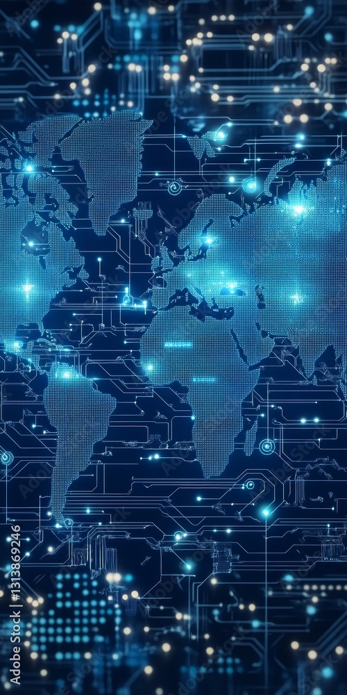 Poster explore this abstract digital world map featuring circuit patterns and blue lights, perfect for tech