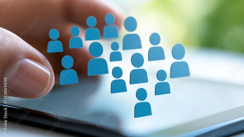 Poster connecting through technology, person using tablet to interact with a group of people