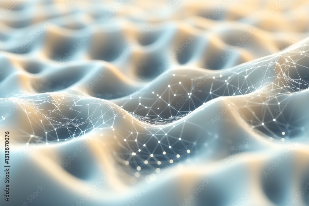 Poster this abstract image features flowing digital waves interspersed with glowing particles and network c