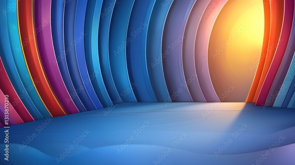 Poster colorful layers form a tunnel leading to bright light on abstract background in smooth gradient room