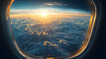 Fototapeta premium Serene Earth Framed by Glowing Clouds and Sunbeams Seen from Airplane Window