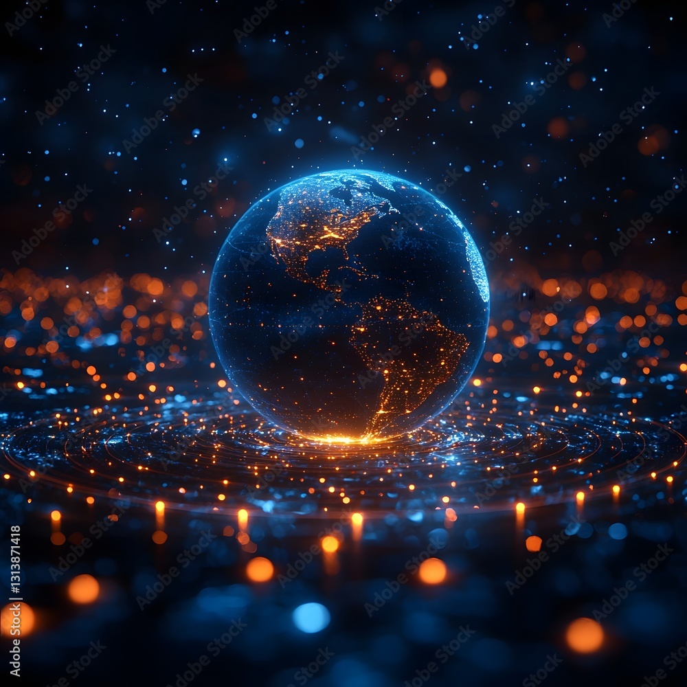 Poster glowing minimalist planet earth with concentric circular waves of connection and communication