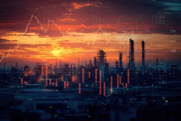 Fototapeta premium Petrochemical refinery at sunset with vibrant skies and silhouetted structures reflecting industrial beauty.