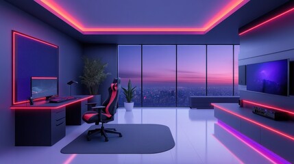 Ultimate Gamer's Paradise: Neon-Lit Cityscape View