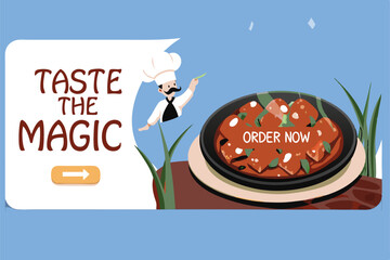 Design a vibrant landing page showcasing a steaming plate of delicious food, emphasizing appetizing visuals and clear call-to-action.