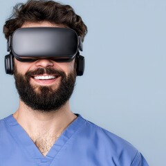 Fototapeta premium Smiling Man in Scrubs Using Virtual Reality Headset